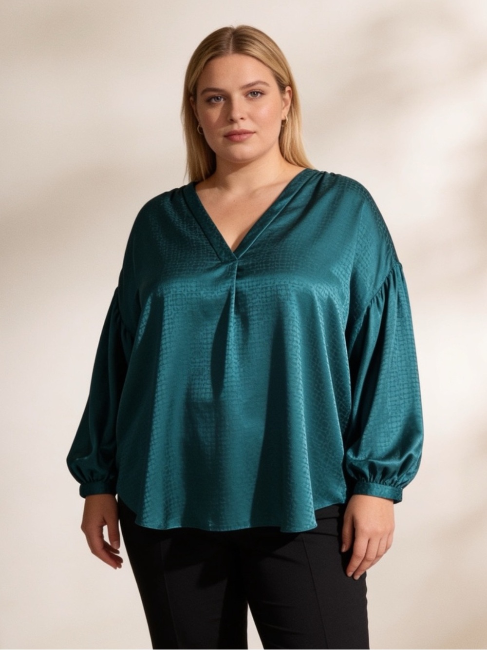 Vince Camuto 2X Emerald Green Jacquard High Low Blouse Balloon Sleeve